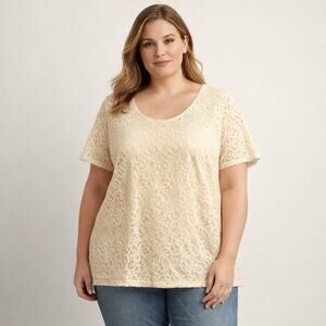 Roamans Lace Top Womens Large Cream Short Sleeve Scoop Neck Blouse
